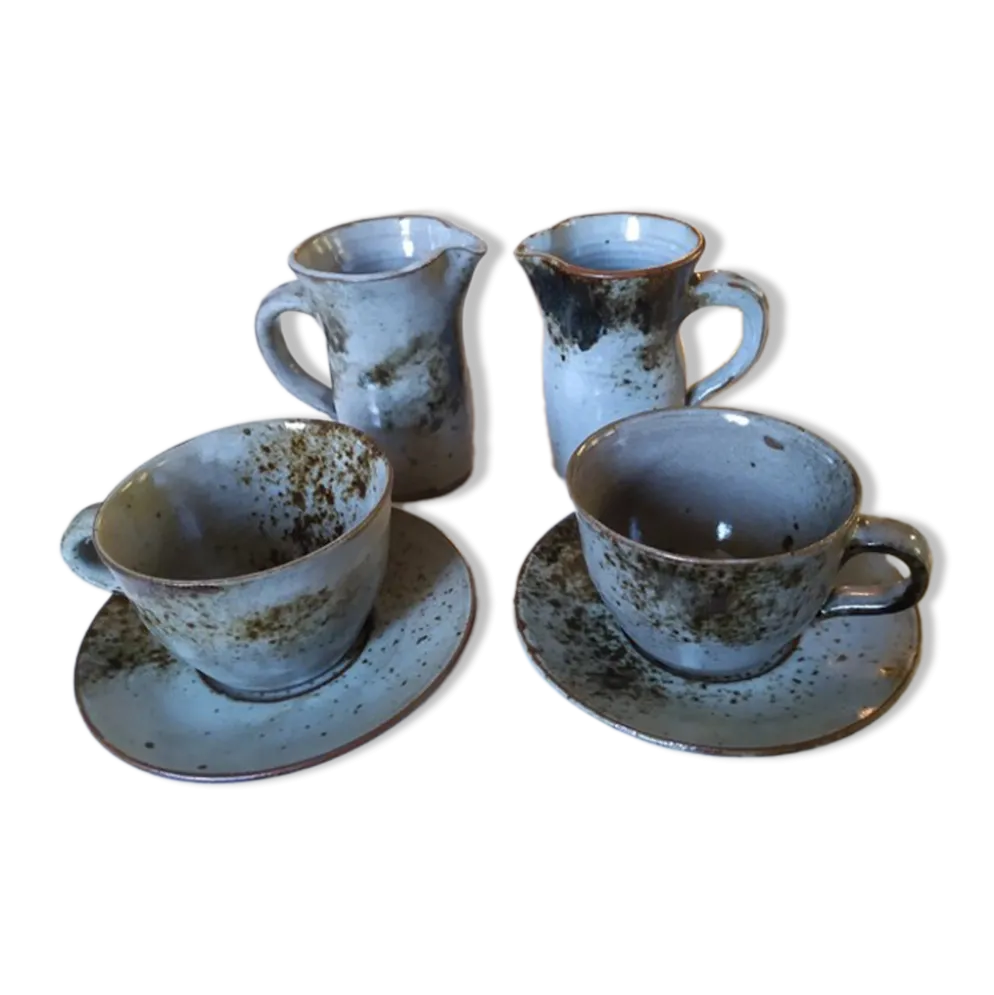 Ensemble en grès années 70, 2 tasses et 2 pichets