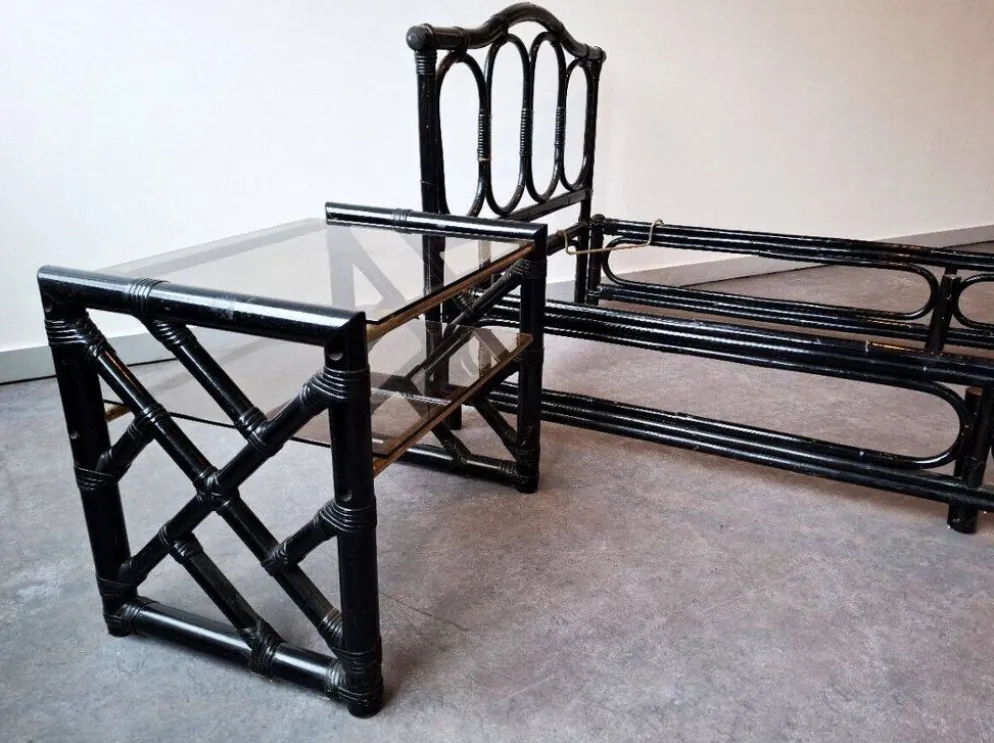 Ensemble lit et chevet en bambou & rotin, design italien, années 70