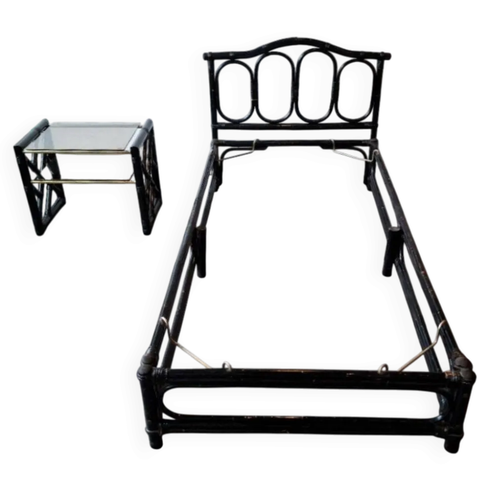 Ensemble lit et chevet en bambou & rotin, design italien, années 70