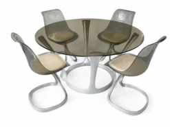 Ensemble Michel Charron–années 70–table en verre fumé & 4 chaises