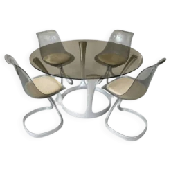 Ensemble Michel Charron–années 70–table en verre fumé & 4 chaises