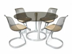 Ensemble Michel Charron–années 70–table en verre fumé & 4 chaises