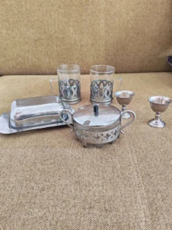 Ensemble petit déjeuner en verre et métal argenté vintage