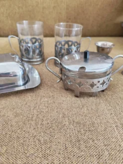Ensemble petit déjeuner en verre et métal argenté vintage