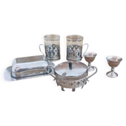 Ensemble petit déjeuner en verre et métal argenté vintage