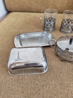Ensemble petit déjeuner en verre et métal argenté vintage