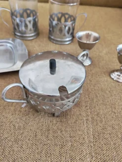 Ensemble petit déjeuner en verre et métal argenté vintage