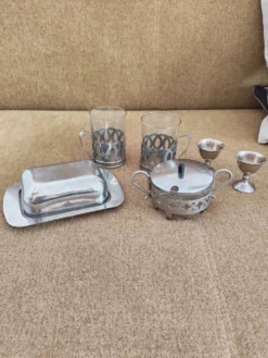 Ensemble petit déjeuner en verre et métal argenté vintage
