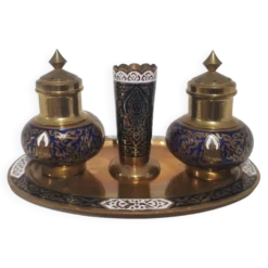 Ensemble à épices, doré bleu marine, laiton émaillé, Thaïlande, années 60