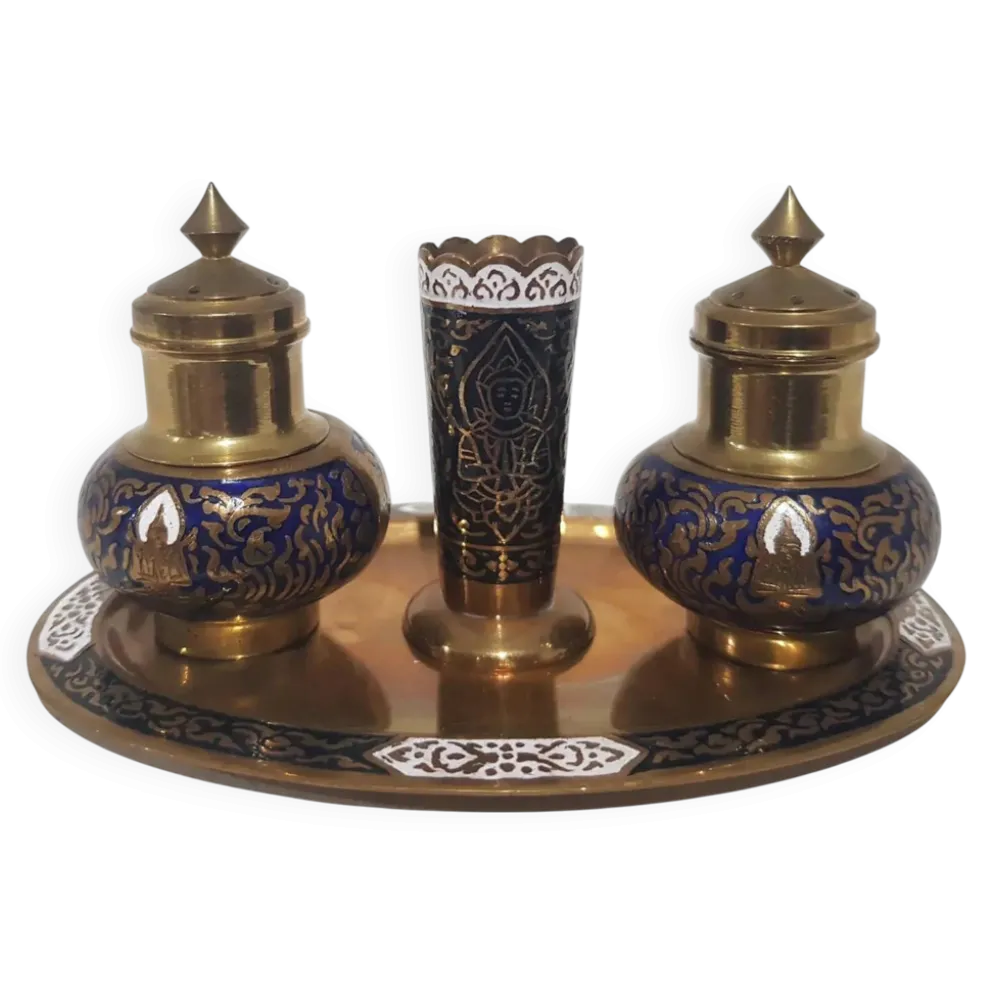 Ensemble à épices, doré bleu marine, laiton émaillé, Thaïlande, années 60