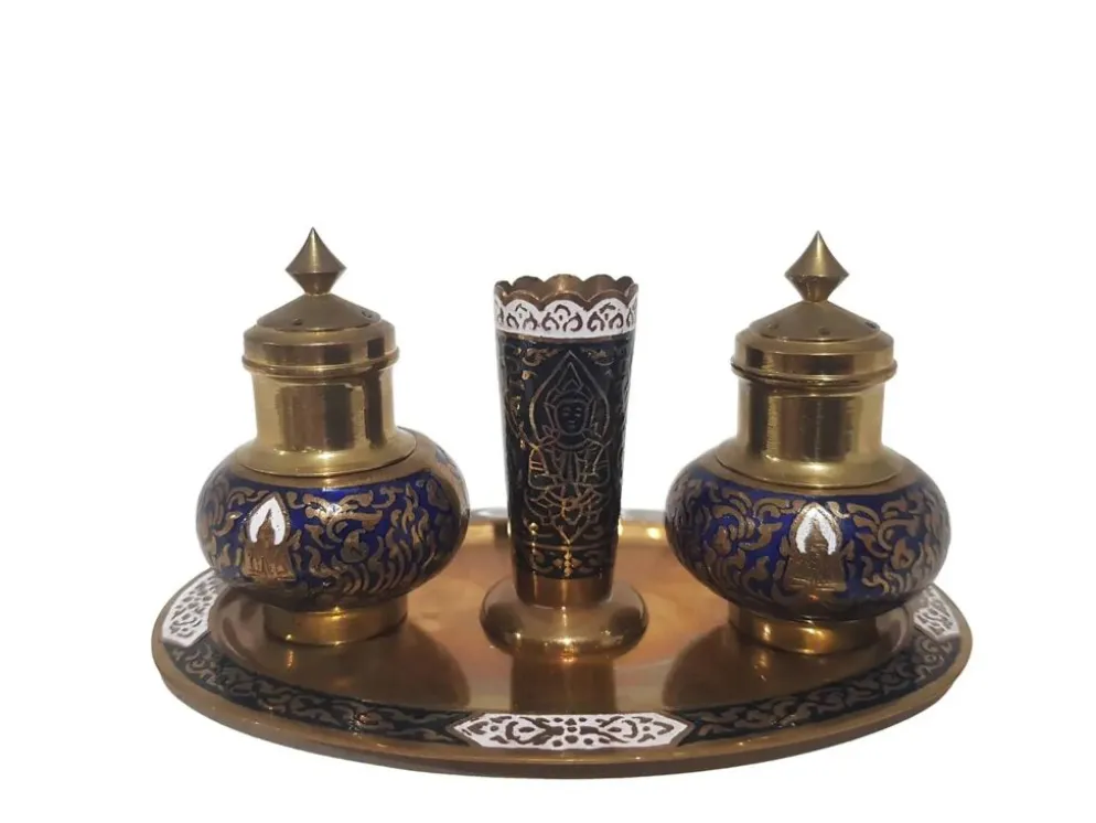 Ensemble à épices, doré bleu marine, laiton émaillé, Thaïlande, années 60