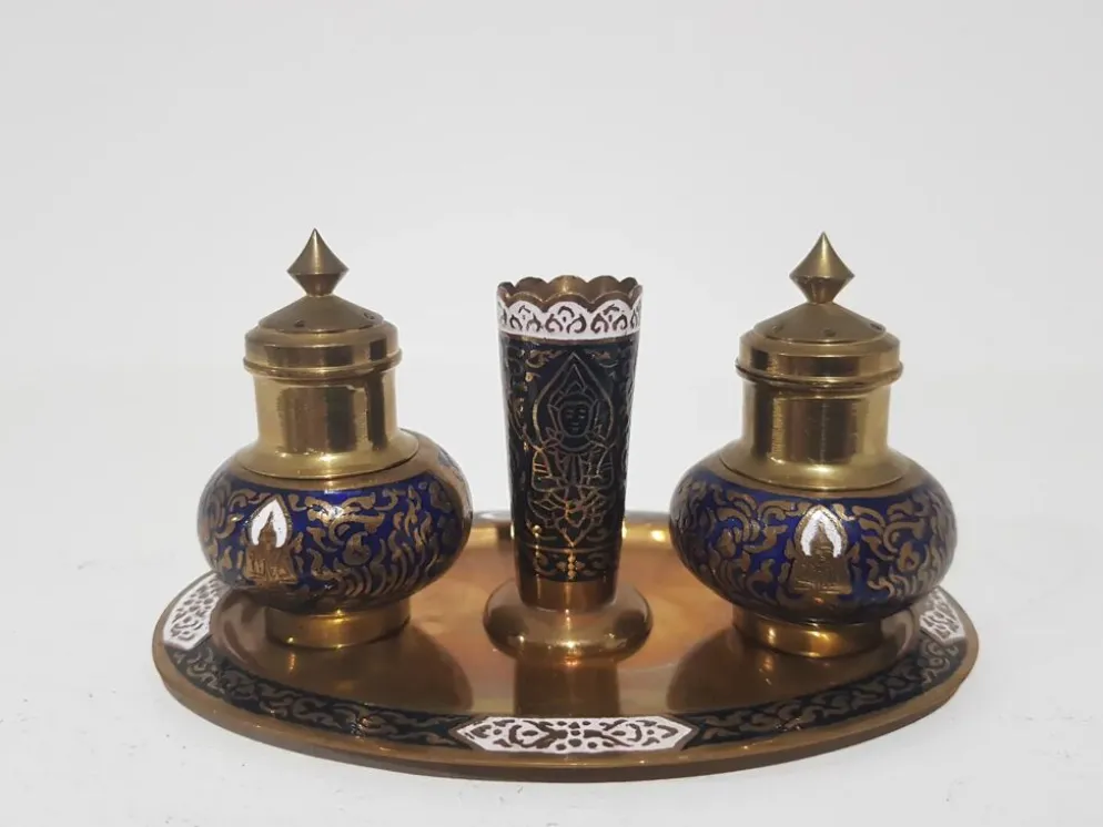 Ensemble à épices, doré bleu marine, laiton émaillé, Thaïlande, années 60