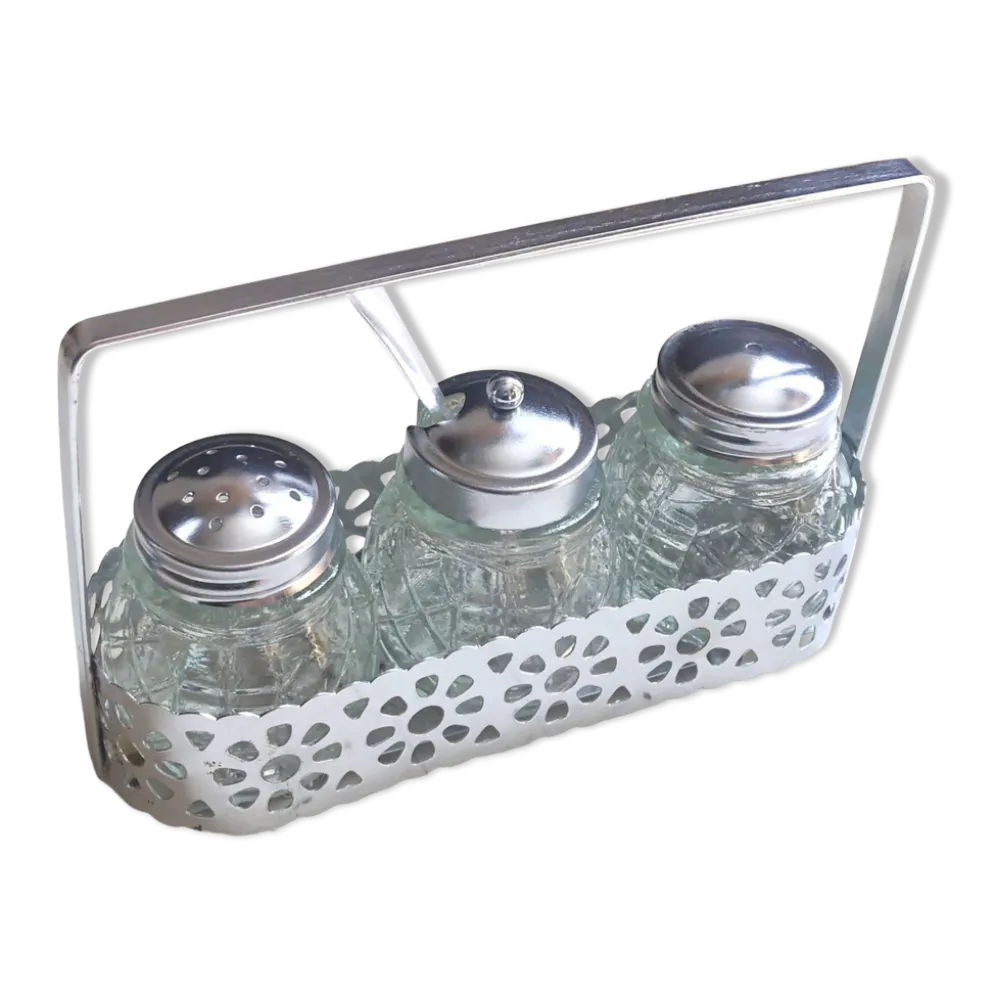 Ensemble 4 pièces salière poivrier moutardier avec cuillère dans panier inox