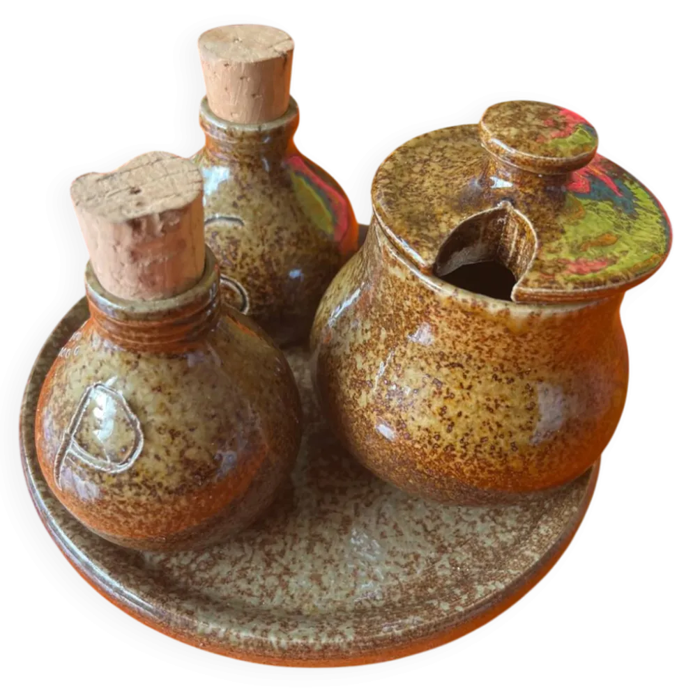 Ensemble salière poivrière et moutardier grès
