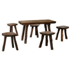 Ensemble table basse et tabourets brutaliste en pin noirci 1960