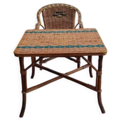 Ensemble table et fauteuil enfant en osier / rotin vintage années 60