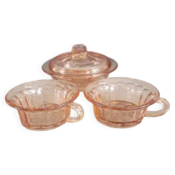 Ensemble 2 tasses + sucrier en verre rose