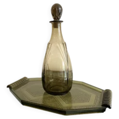 Ensemble vintage Art Déco – carafe en verre fumé et plateau à poignées
