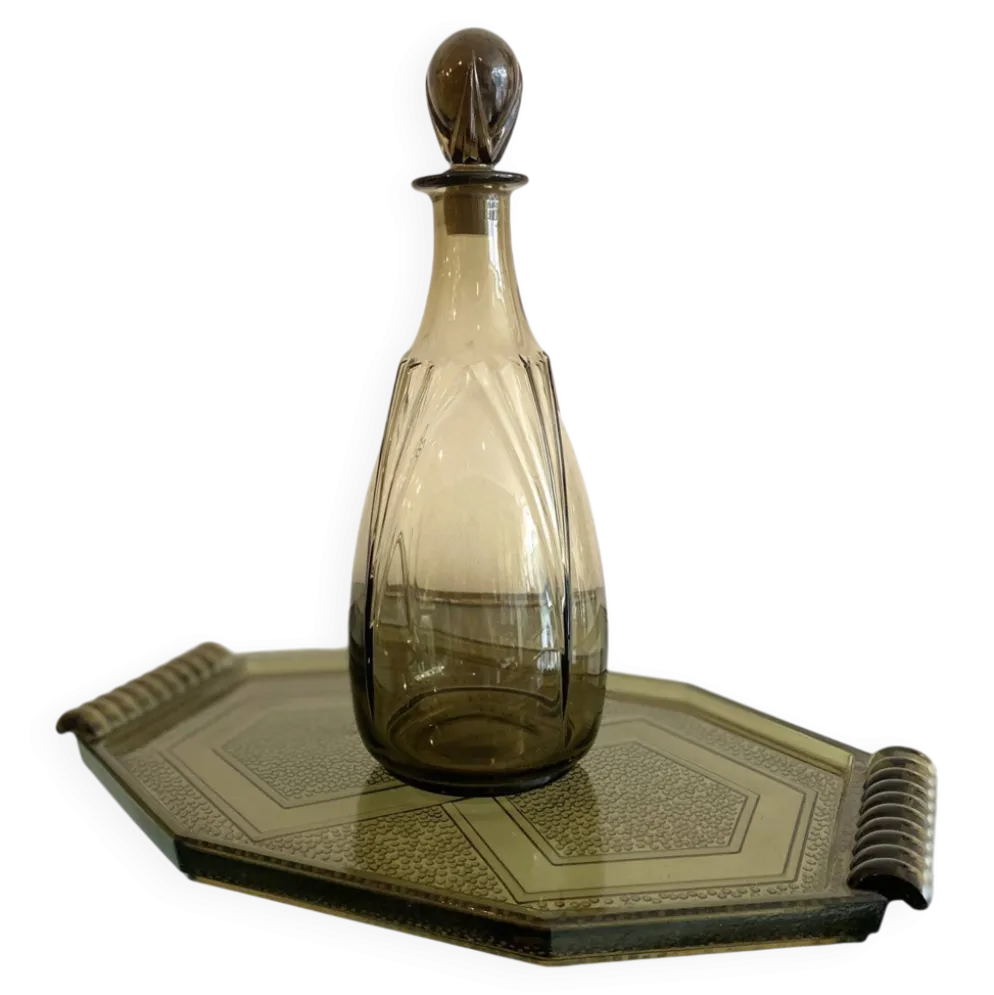 Ensemble vintage Art Déco – carafe en verre fumé et plateau à poignées