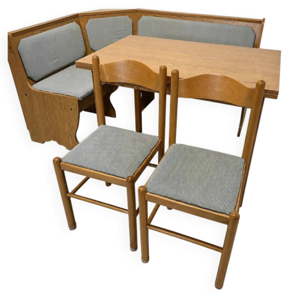 Ensemble vintage de coin repas en chêne — banquette, table extensible et 2 chaises
