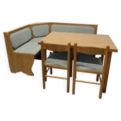 Ensemble vintage de coin repas en chêne — banquette, table extensible et 2 chaises