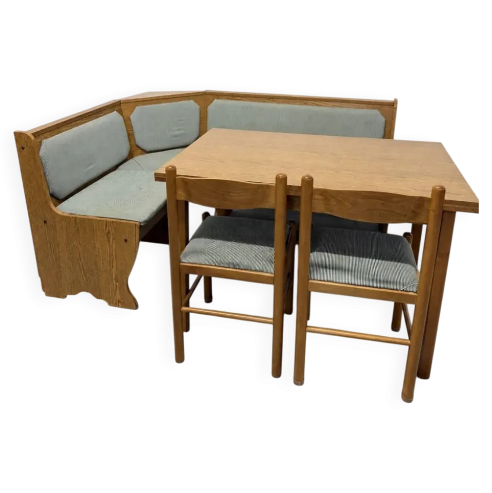 Ensemble vintage de coin repas en chêne — banquette, table extensible et 2 chaises