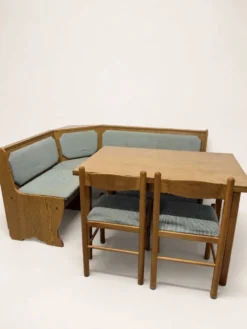 Ensemble vintage de coin repas en chêne — banquette, table extensible et 2 chaises