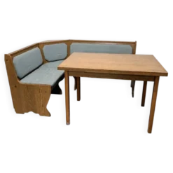 Ensemble vintage de coin repas en chêne — banquette, table extensible et 2 chaises