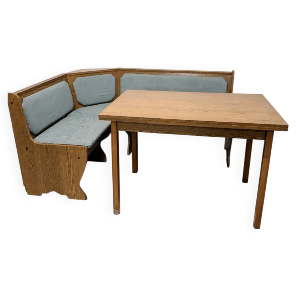 Ensemble vintage de coin repas en chêne — banquette, table extensible et 2 chaises