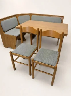 Ensemble vintage de coin repas en chêne — banquette, table extensible et 2 chaises