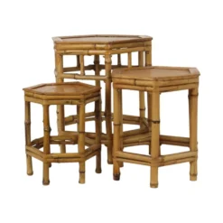 Ensemble vintage de 3 tables d'appoint en bambou et rotin / tables gigognes – style boho