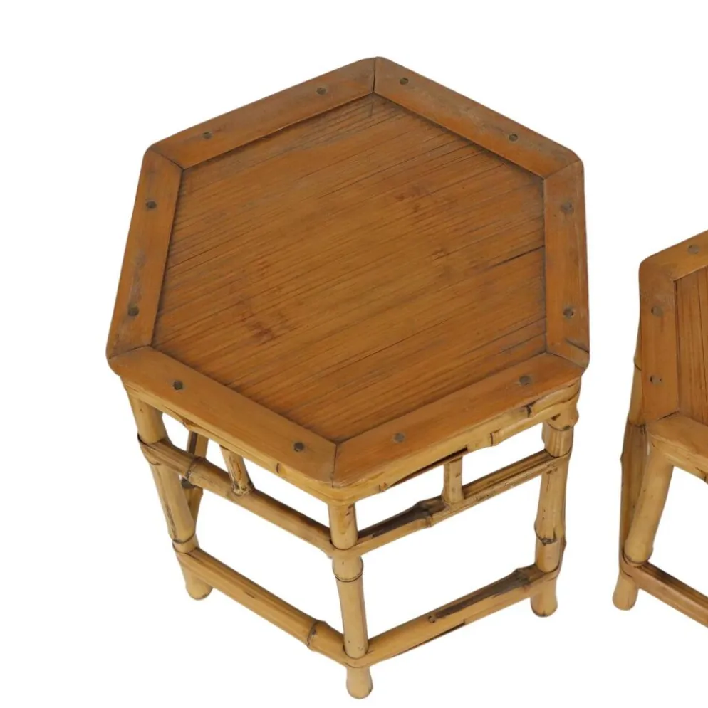 Ensemble vintage de 3 tables d'appoint en bambou et rotin / tables gigognes – style boho