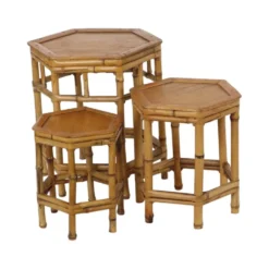 Ensemble vintage de 3 tables d'appoint en bambou et rotin / tables gigognes – style boho
