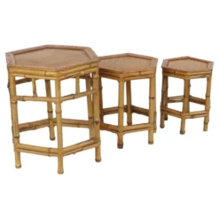 Ensemble vintage de 3 tables d'appoint en bambou et rotin / tables gigognes – style boho