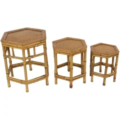 Ensemble vintage de 3 tables d'appoint en bambou et rotin / tables gigognes – style boho