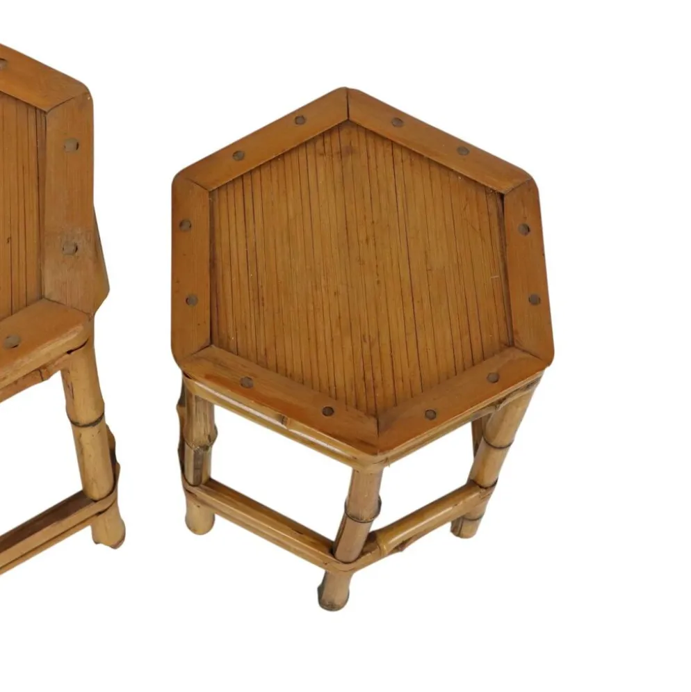 Ensemble vintage de 3 tables d'appoint en bambou et rotin / tables gigognes – style boho