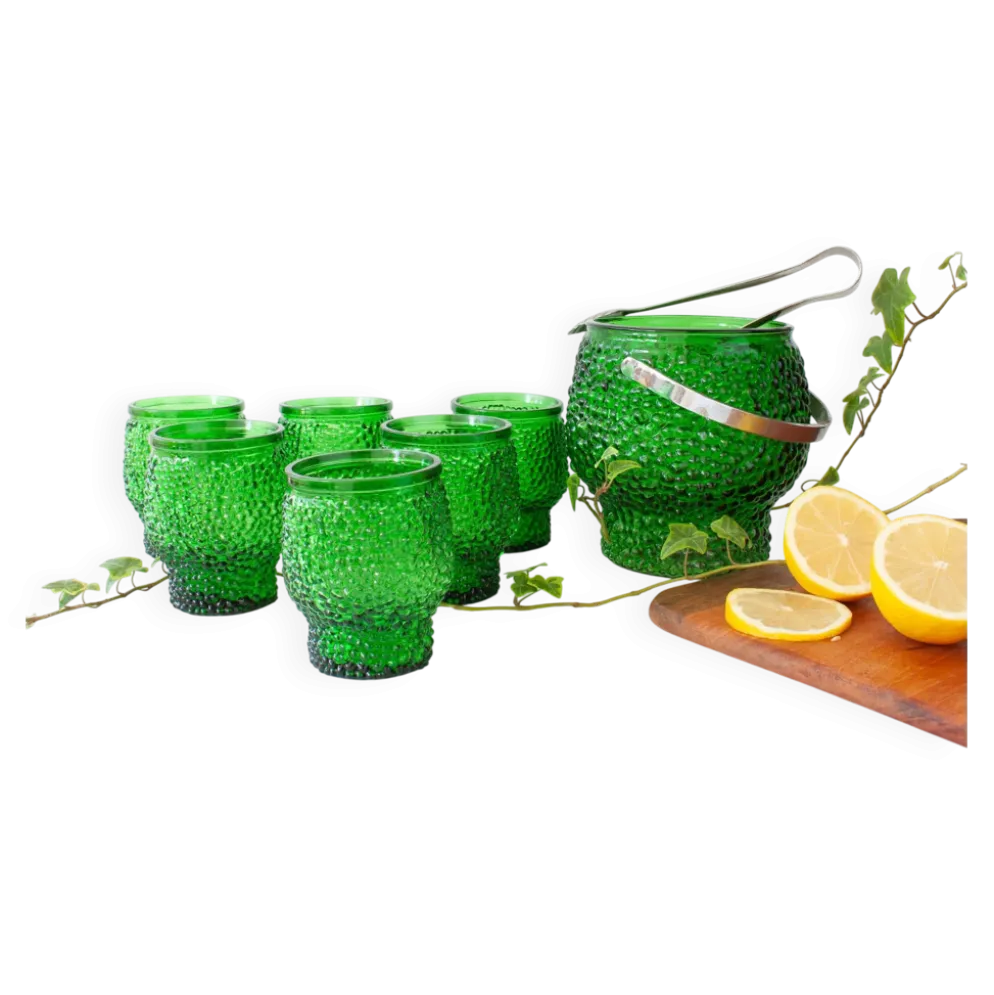 Ensemble vintage de 6 verres à cocktail en verre à bulles, seau à glace et pinces à glace
