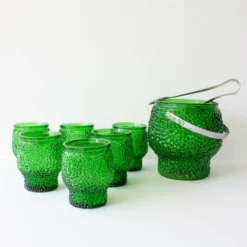 Ensemble vintage de 6 verres à cocktail en verre à bulles, seau à glace et pinces à glace