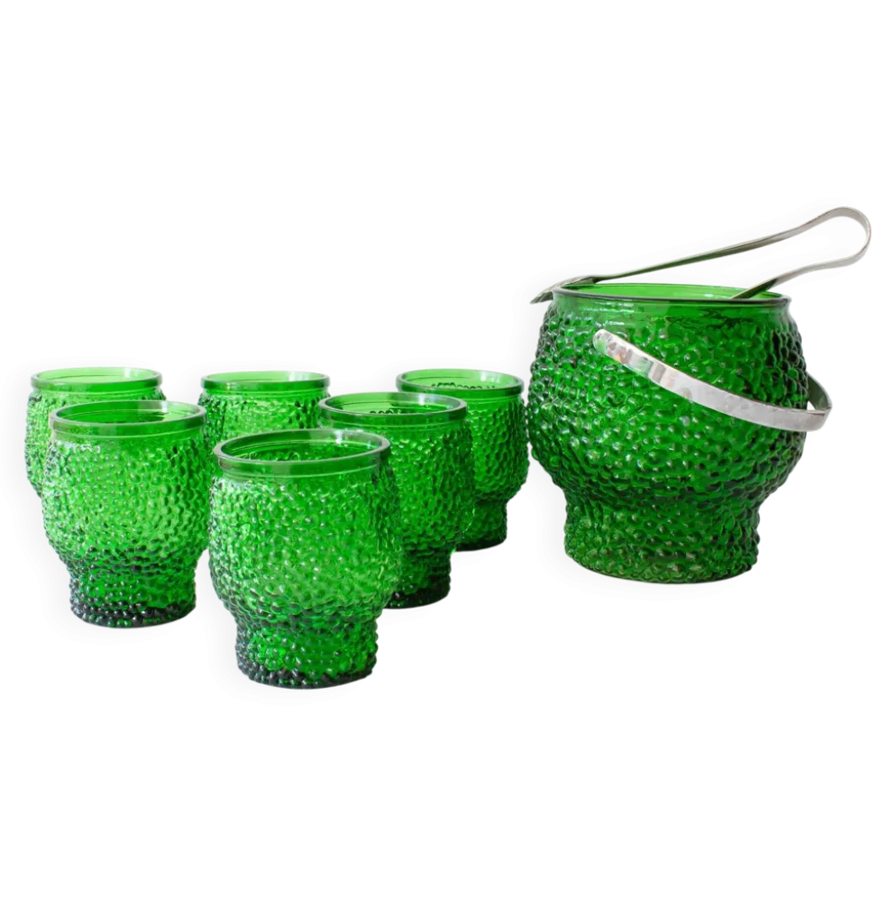Ensemble vintage de 6 verres à cocktail en verre à bulles, seau à glace et pinces à glace