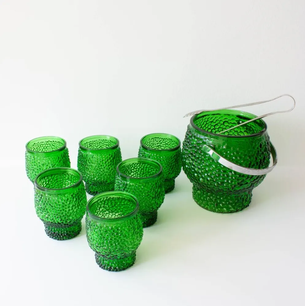 Ensemble vintage de 6 verres à cocktail en verre à bulles, seau à glace et pinces à glace