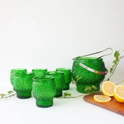 Ensemble vintage de 6 verres à cocktail en verre à bulles, seau à glace et pinces à glace
