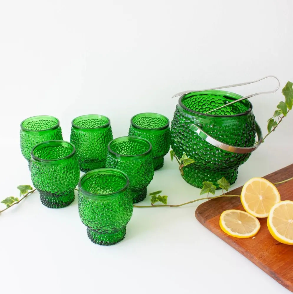 Ensemble vintage de 6 verres à cocktail en verre à bulles, seau à glace et pinces à glace
