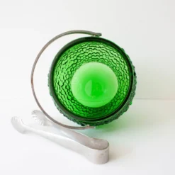 Ensemble vintage de 6 verres à cocktail en verre à bulles, seau à glace et pinces à glace