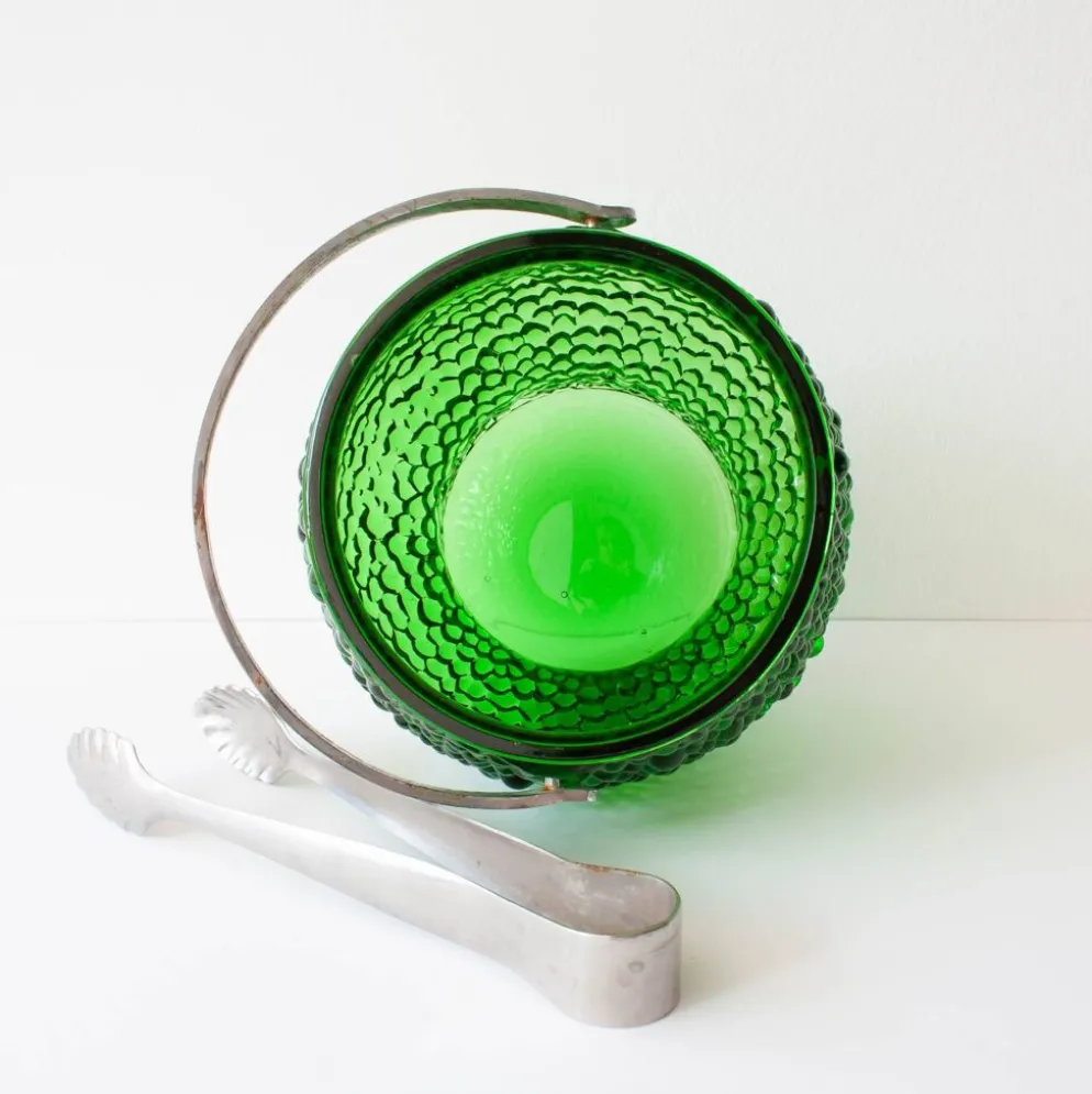 Ensemble vintage de 6 verres à cocktail en verre à bulles, seau à glace et pinces à glace