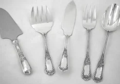 Ercuis Louis XV floral 5 pièces de service, ragout, poisson gâteau métal argenté