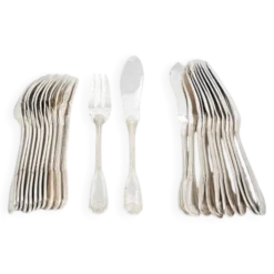 Ercuis Maintenon, Coquille, 12 couverts à poisson, 24 pièces en métal argenté.