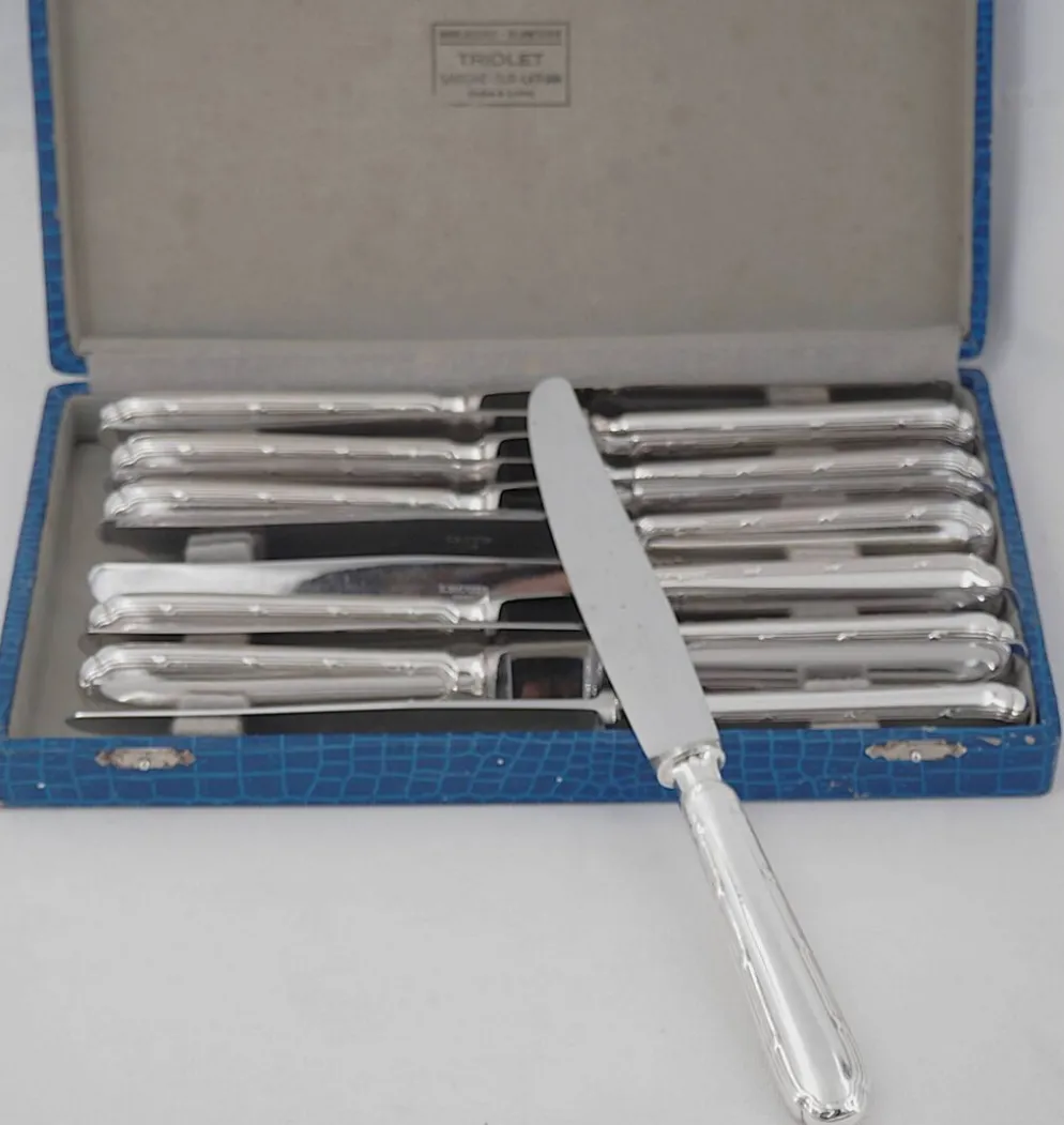 Ercuis Trianon, Rubans, 12 couteaux de table métal argenté, excellent état