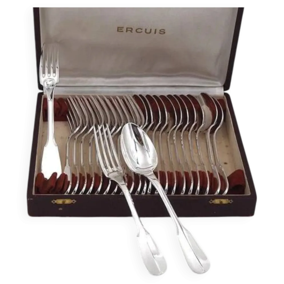 Ercuis Uniplat, Valois, 12 couverts à entremets, dessert, 24 pièces, 18 cm.
