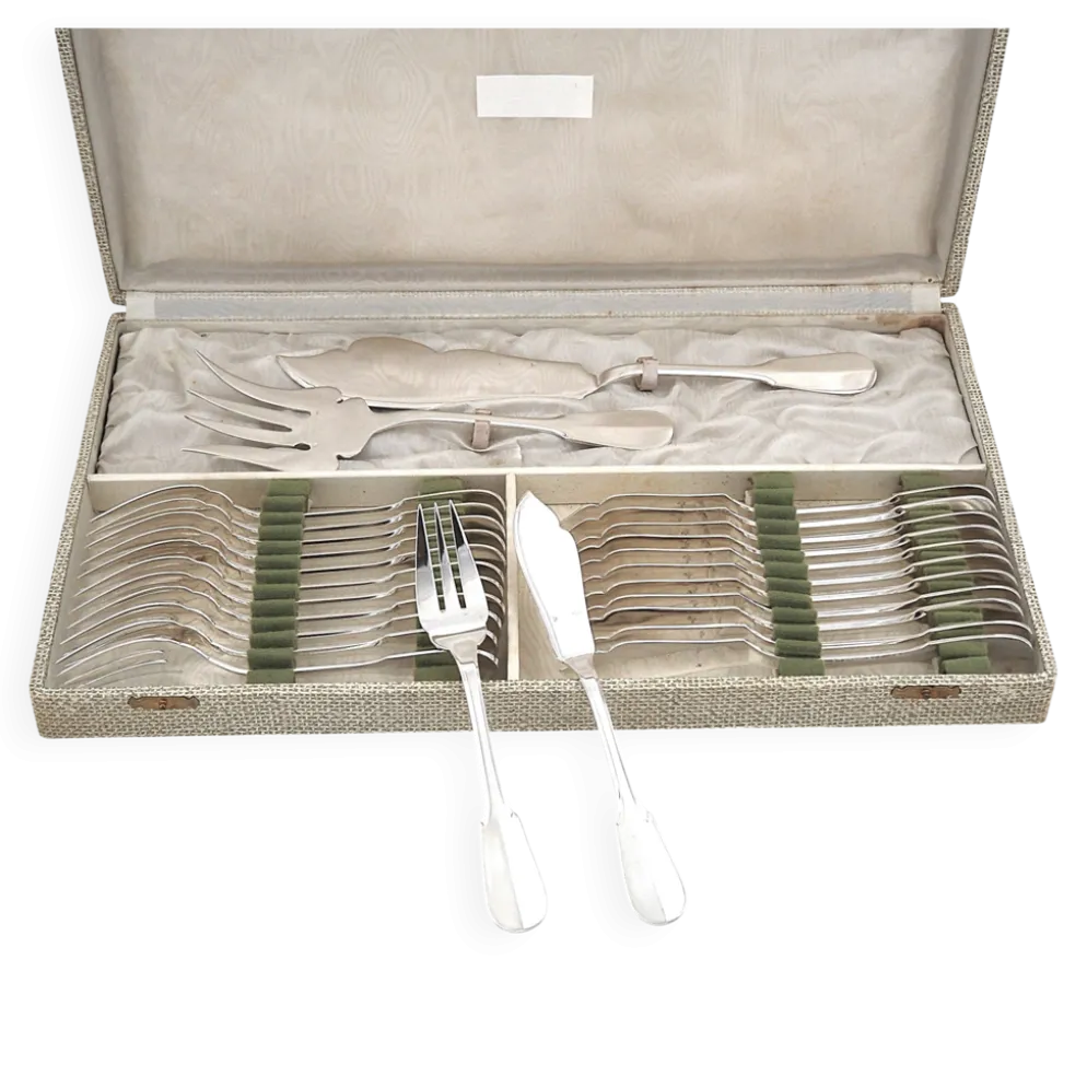 Ercuis Valois, Uniplat ménagère poisson 26 pièces métal argenté, excellent état