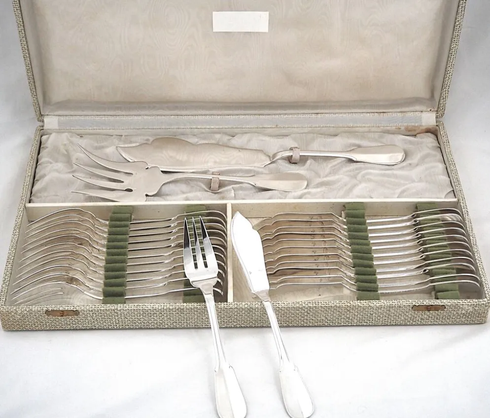 Ercuis Valois, Uniplat ménagère poisson 26 pièces métal argenté, excellent état